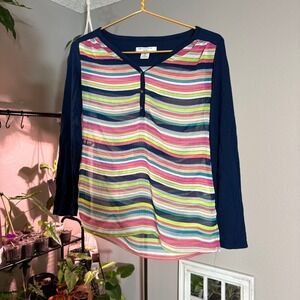 Liz Claiborne Striped Blouse Long Sleeve Button Detail Top Petite Small